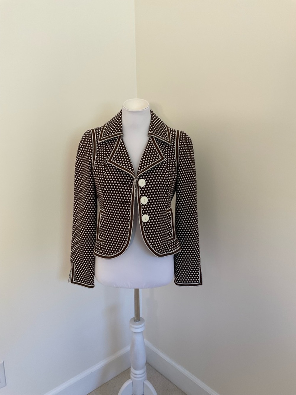 Worth Brown & Cream Polka Dot Blazer Jacket With Hot Pink Lining - Picture 6 of 7